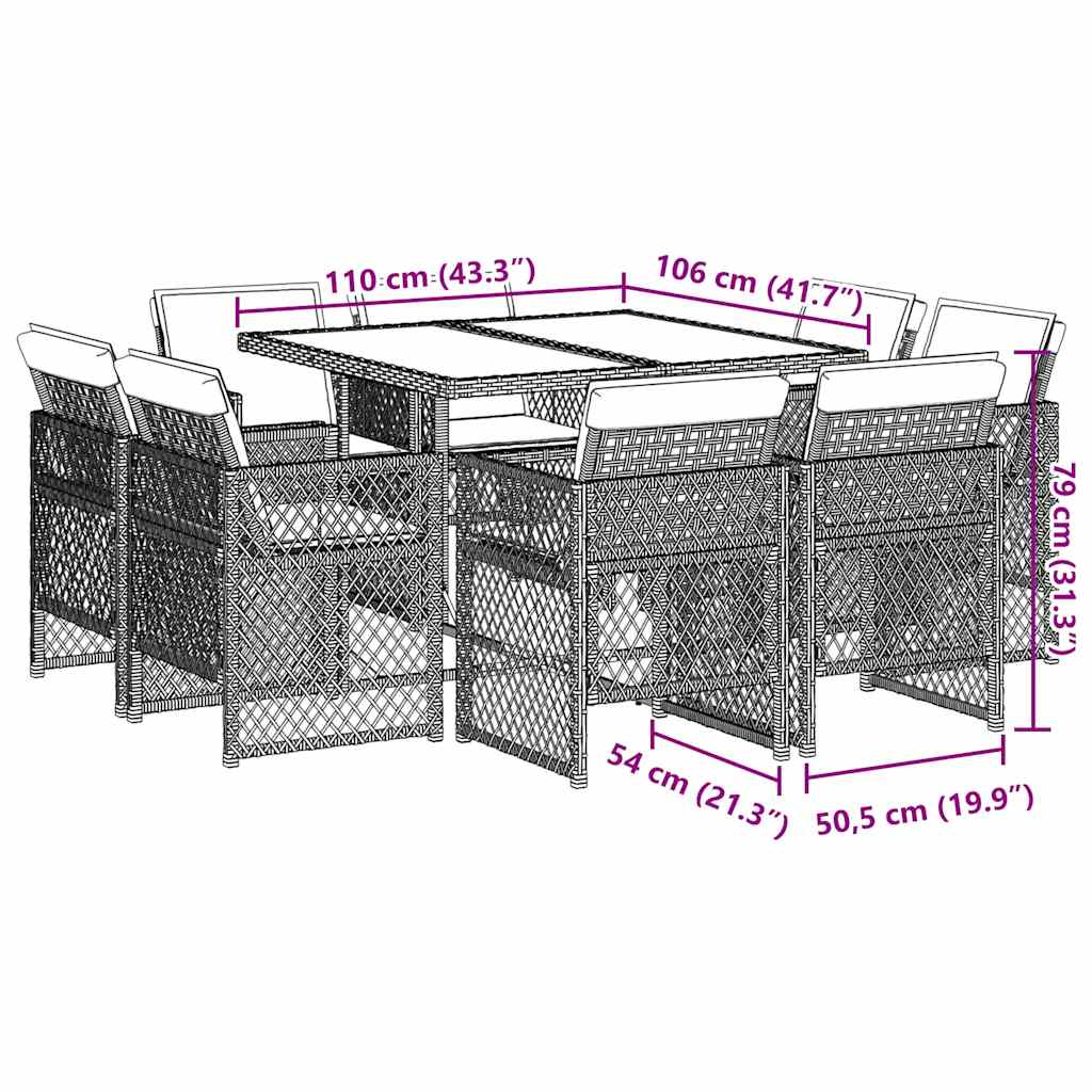vidaXL 9-tlg. Garten-Essgruppe mit Kissen Grau Poly Rattan