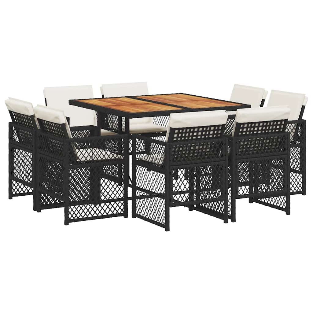 vidaXL 9-tlg. Garten-Essgruppe mit Kissen Schwarz Poly Rattan