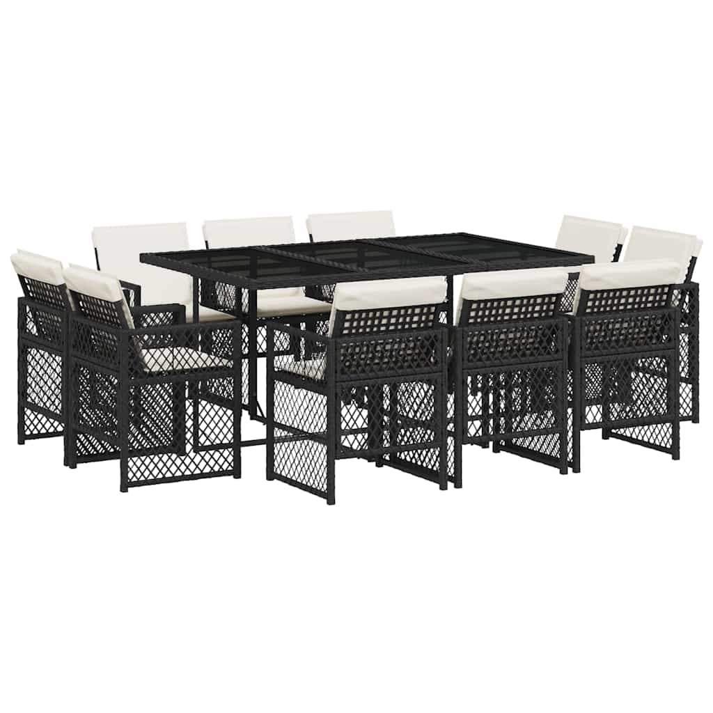 vidaXL 11-tlg. Garten-Essgruppe mit Kissen Schwarz Poly Rattan
