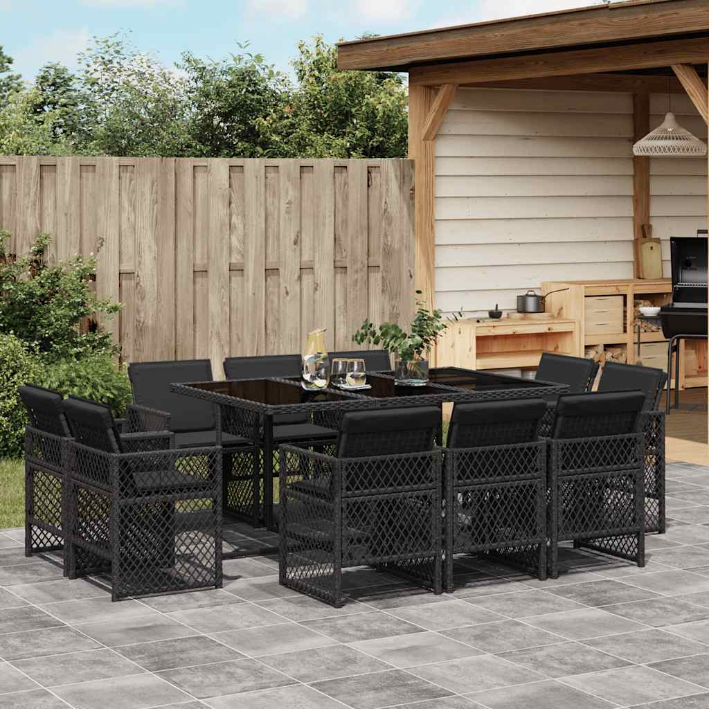 11-tlg. Garten-Essgruppe mit Kissen Schwarz Poly Rattan