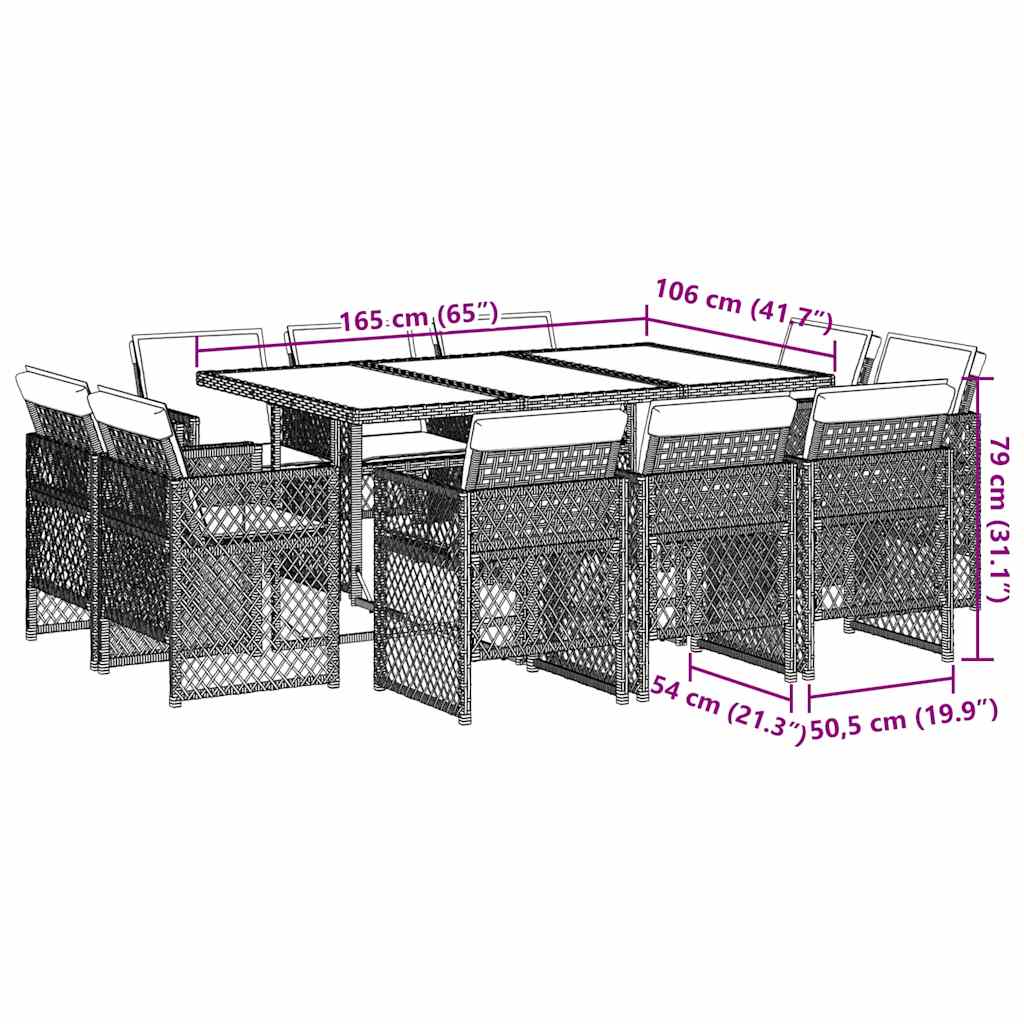 vidaXL 11-tlg. Garten-Essgruppe mit Kissen Beige Poly Rattan