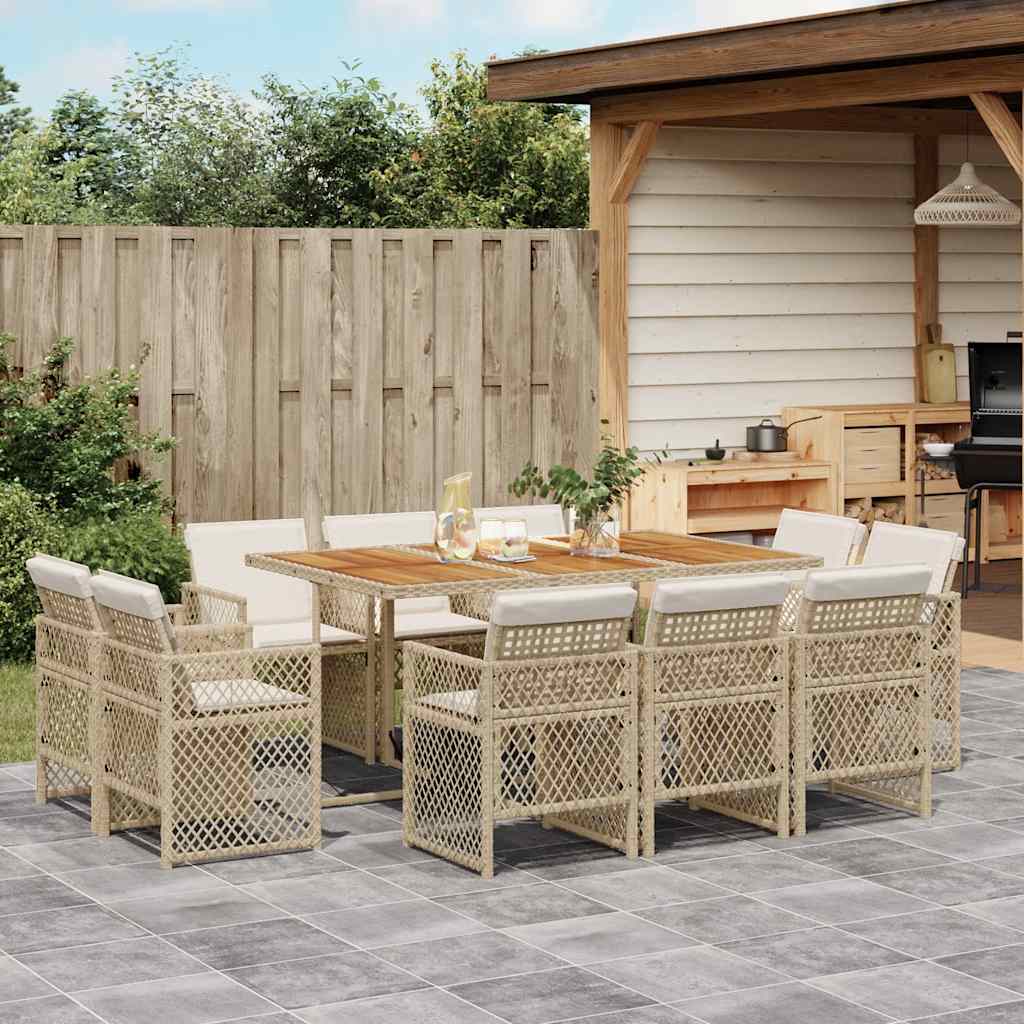 vidaXL 11-tlg. Garten-Essgruppe mit Kissen Beige Poly Rattan
