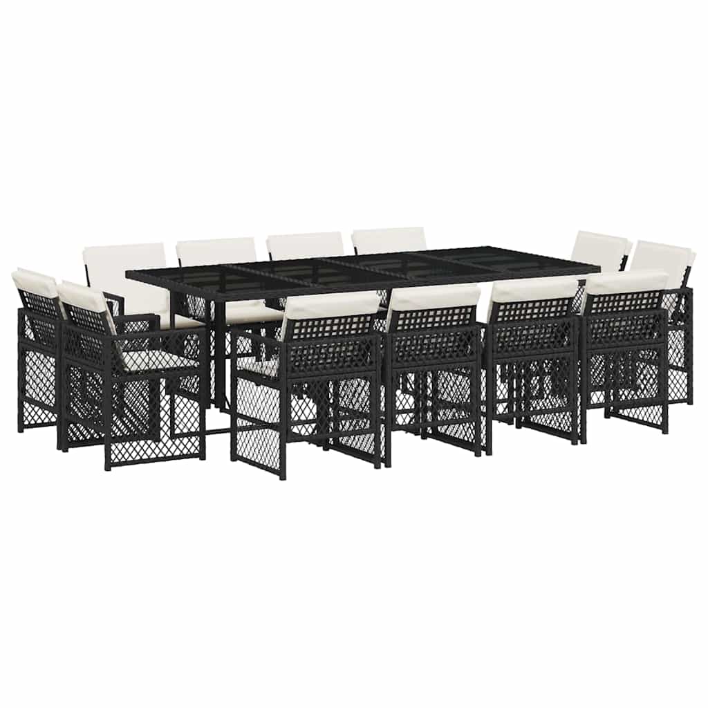 vidaXL 13-tlg. Garten-Essgruppe mit Kissen Schwarz Poly Rattan