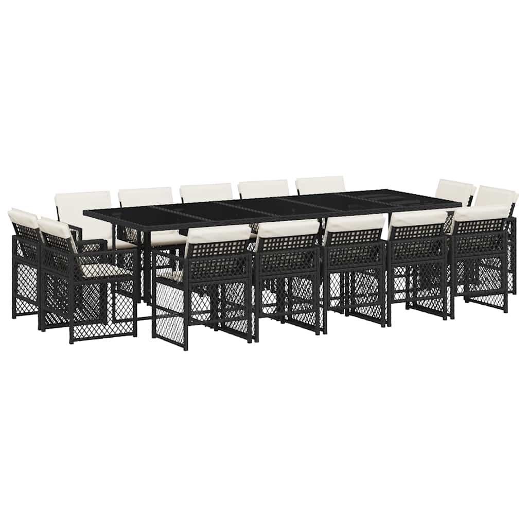 vidaXL 15-tlg. Garten-Essgruppe mit Kissen Schwarz Poly Rattan