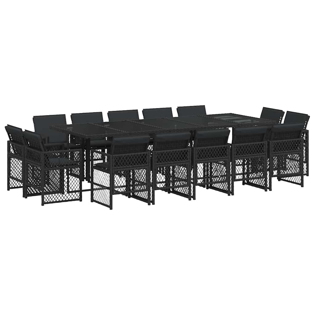 vidaXL 15-tlg. Garten-Essgruppe mit Kissen Schwarz Poly Rattan