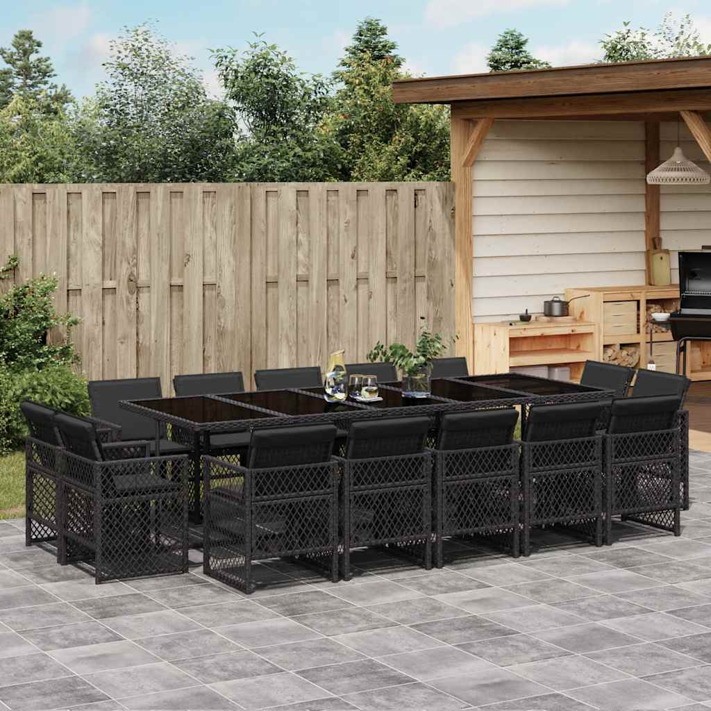 vidaXL 15-tlg. Garten-Essgruppe mit Kissen Schwarz Poly Rattan