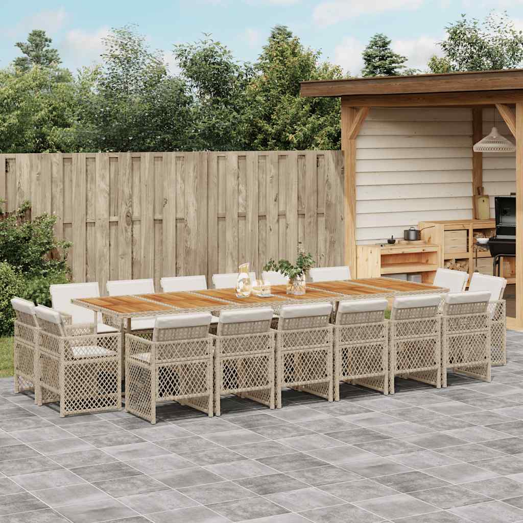 vidaXL 17-tlg. Garten-Essgruppe mit Kissen Beige Poly Rattan
