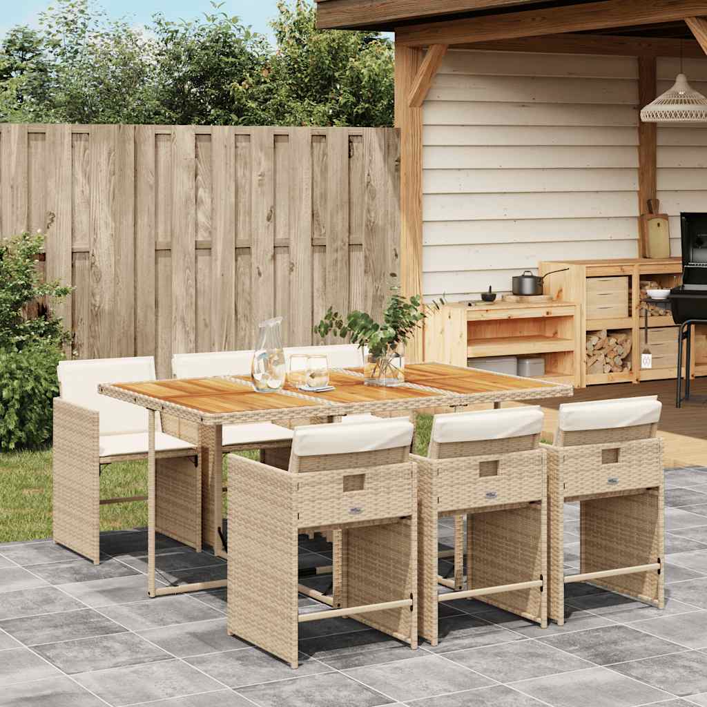 vidaXL 7-tlg. Garten-Essgruppe mit Kissen Beige Poly Rattan