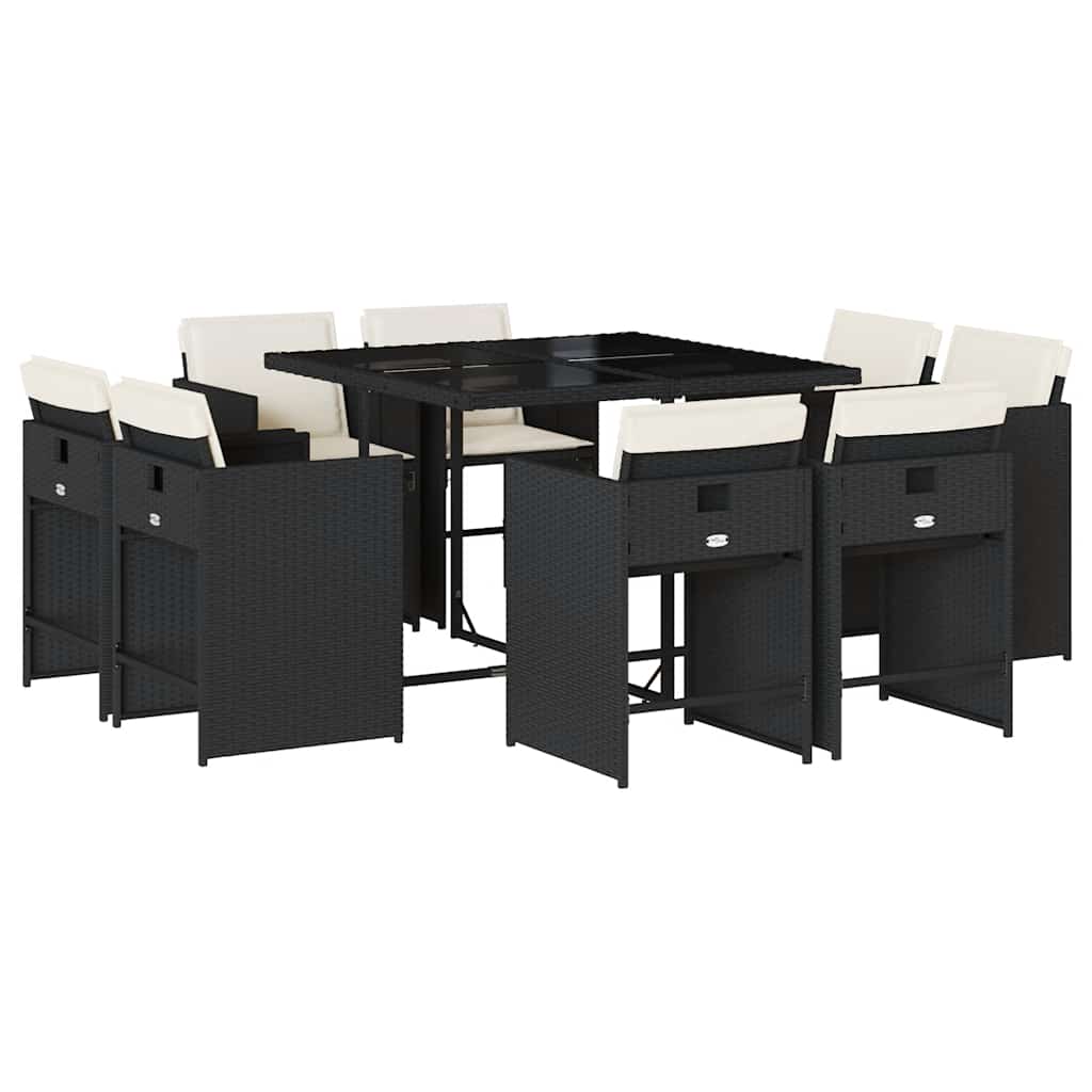 vidaXL 9-tlg. Garten-Essgruppe mit Kissen Schwarz Poly Rattan