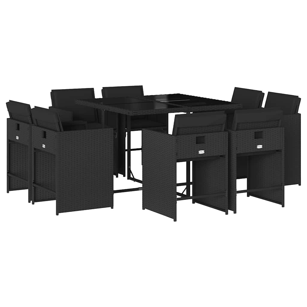 vidaXL 9-tlg. Garten-Essgruppe mit Kissen Schwarz Poly Rattan