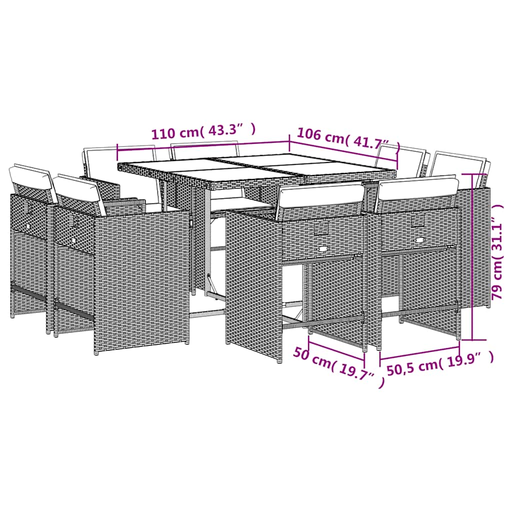 vidaXL 9-tlg. Garten-Essgruppe mit Kissen Braun Poly Rattan