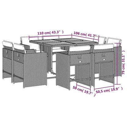 vidaXL 9-tlg. Garten-Essgruppe mit Kissen Grau Poly Rattan