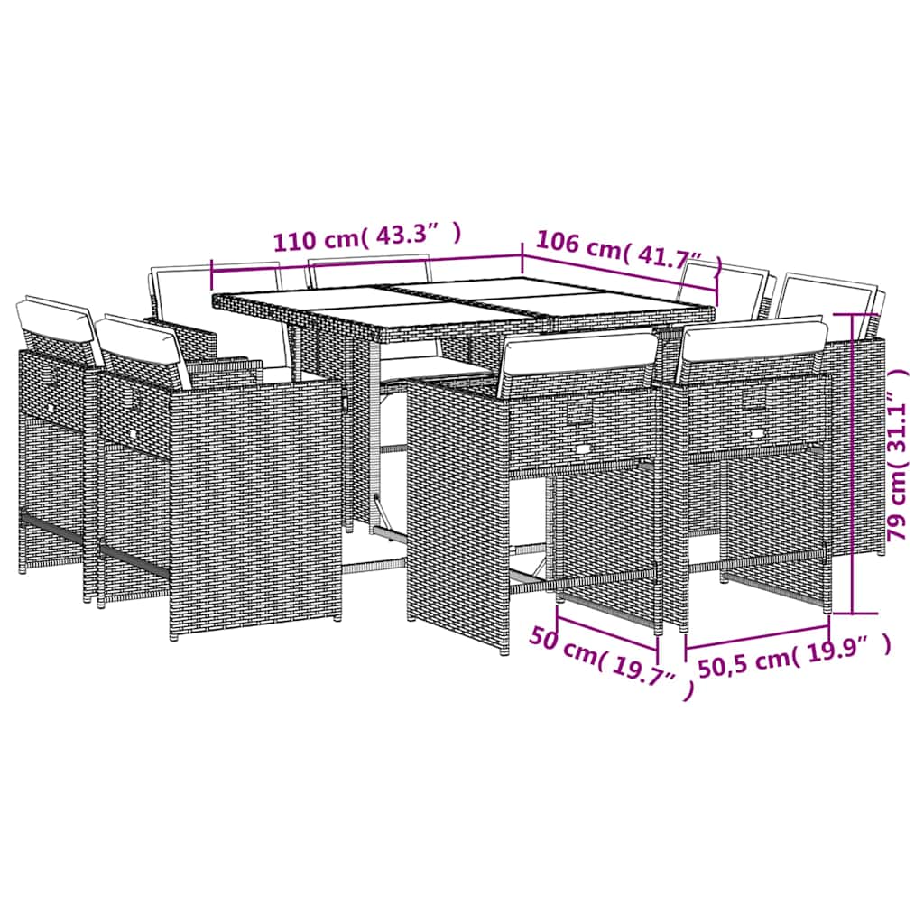 vidaXL 9-tlg. Garten-Essgruppe mit Kissen Schwarz Poly Rattan