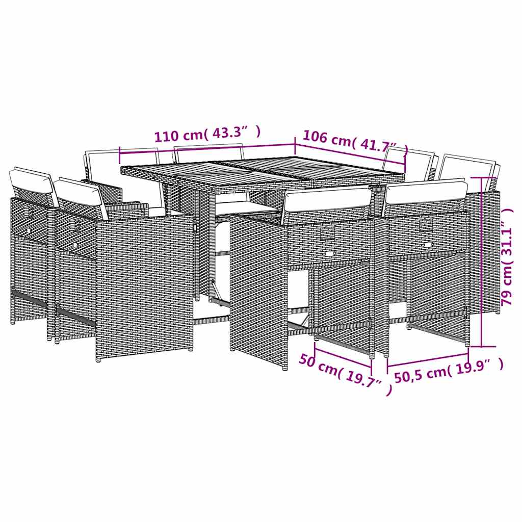 vidaXL 9-tlg. Garten-Essgruppe mit Kissen Beige Poly Rattan