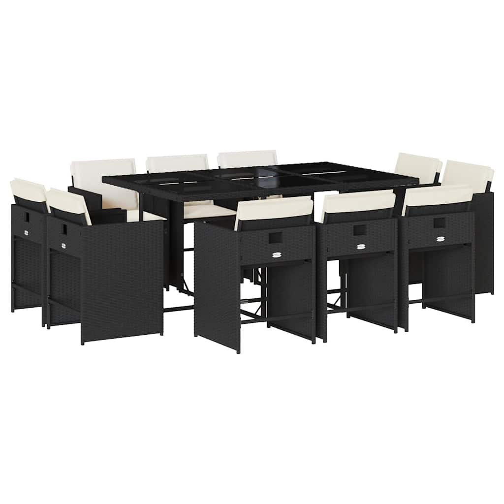 vidaXL 11-tlg. Garten-Essgruppe mit Kissen Schwarz Poly Rattan