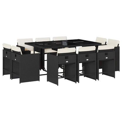 vidaXL 11-tlg. Garten-Essgruppe mit Kissen Schwarz Poly Rattan