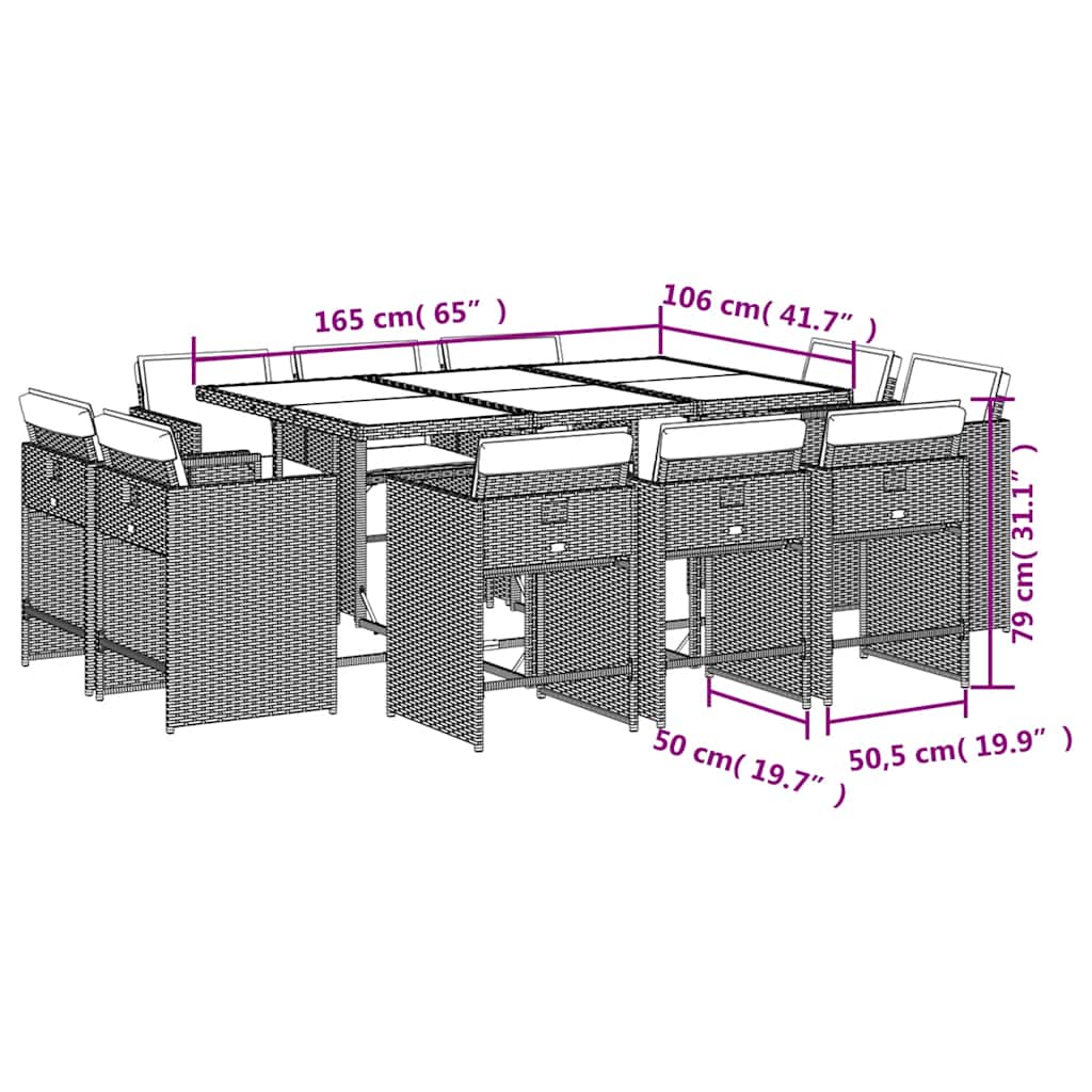 vidaXL 11-tlg. Garten-Essgruppe mit Kissen Grau Poly Rattan