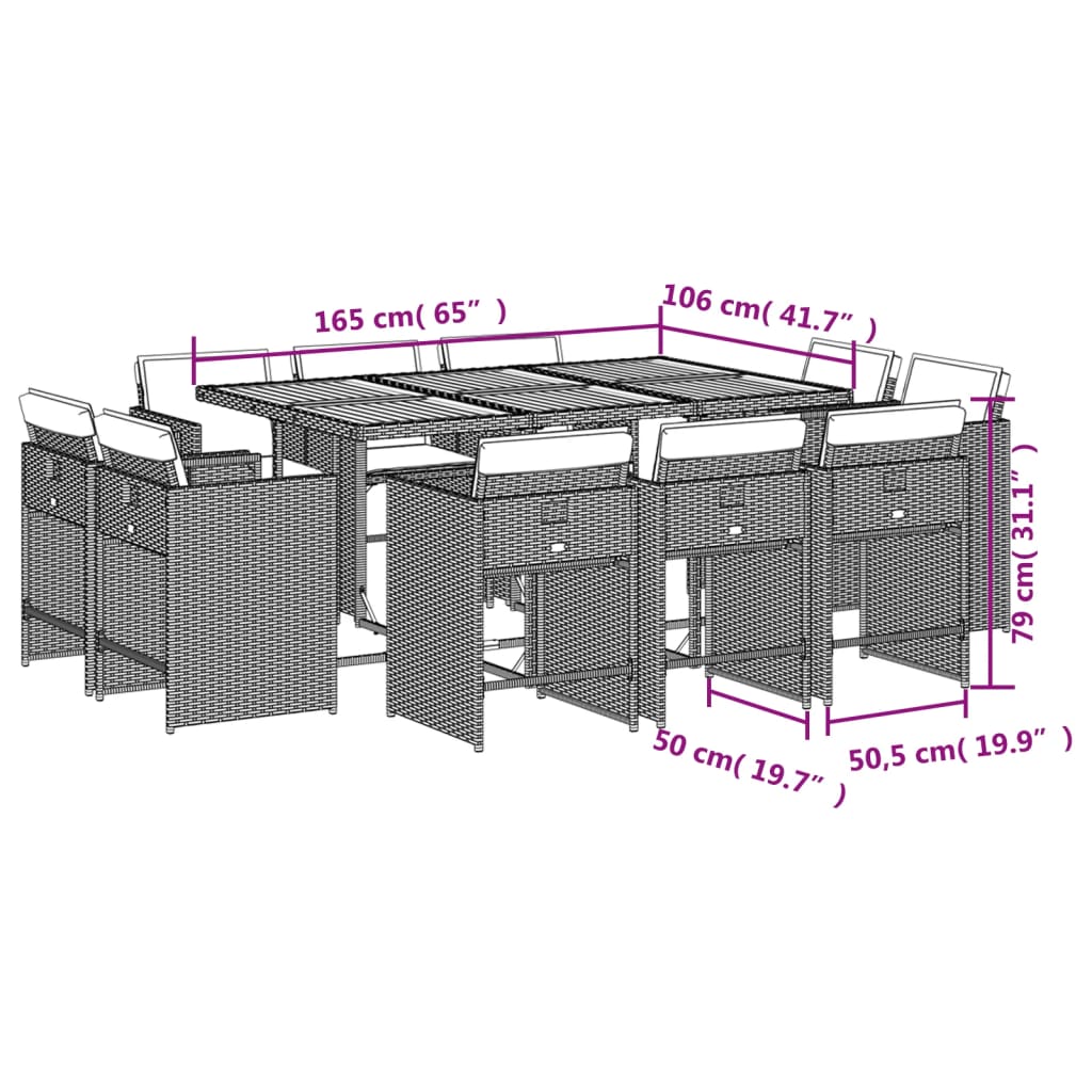 vidaXL 11-tlg. Garten-Essgruppe mit Kissen Schwarz Poly Rattan