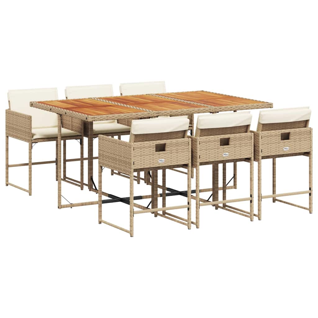 vidaXL 7-tlg. Garten-Essgruppe mit Kissen Beige Poly Rattan