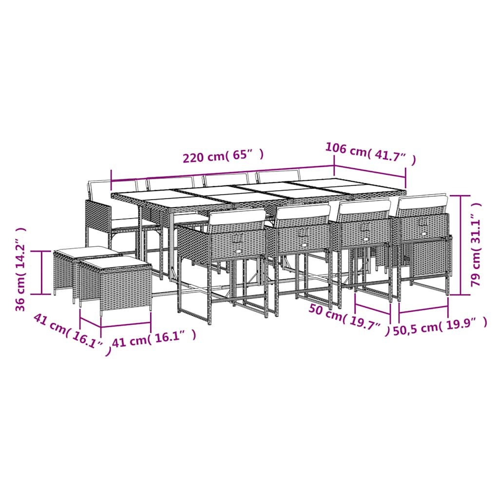 vidaXL 13-tlg. Garten-Essgruppe mit Kissen Beige Poly Rattan
