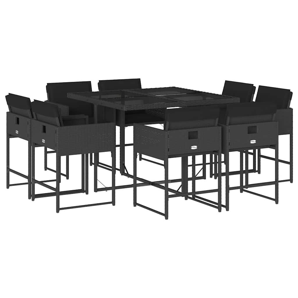 vidaXL 9-tlg. Garten-Essgruppe mit Kissen Schwarz Poly Rattan