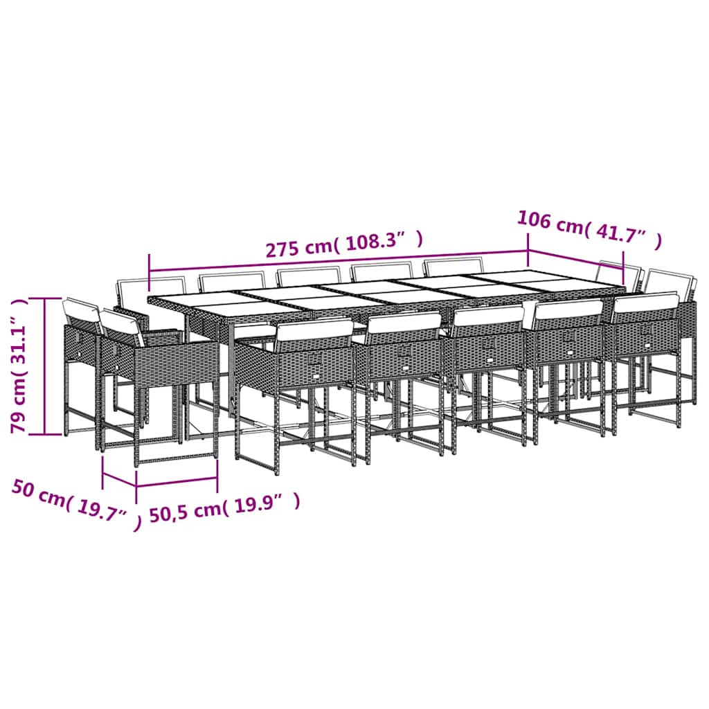 vidaXL 15-tlg. Garten-Essgruppe mit Kissen Grau Poly Rattan