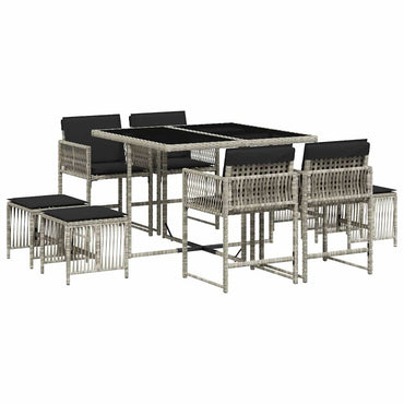 vidaXL 9-tlg. Garten-Essgruppe mit Kissen Hellgrau Poly Rattan