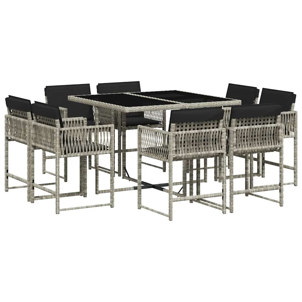 vidaXL 9-tlg. Garten-Essgruppe mit Kissen Hellgrau Poly Rattan