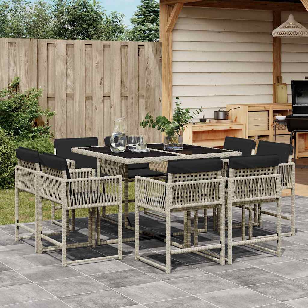 vidaXL 9-tlg. Garten-Essgruppe mit Kissen Hellgrau Poly Rattan