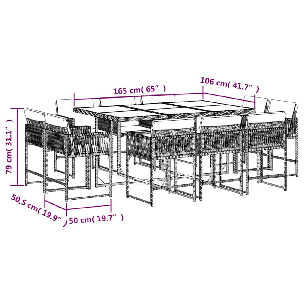 vidaXL 11-tlg. Garten-Essgruppe mit Kissen Hellgrau Poly Rattan