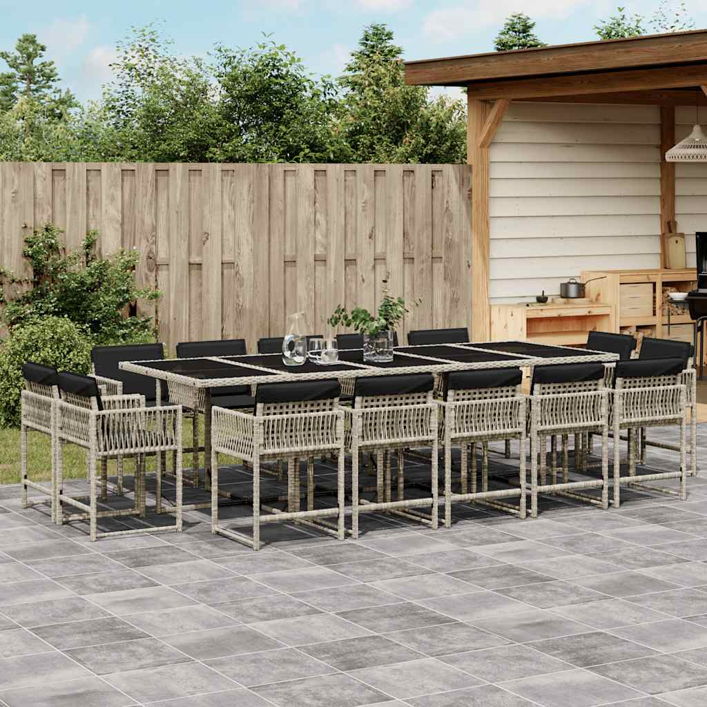 vidaXL 15-tlg. Garten-Essgruppe mit Kissen Hellgrau Poly Rattan