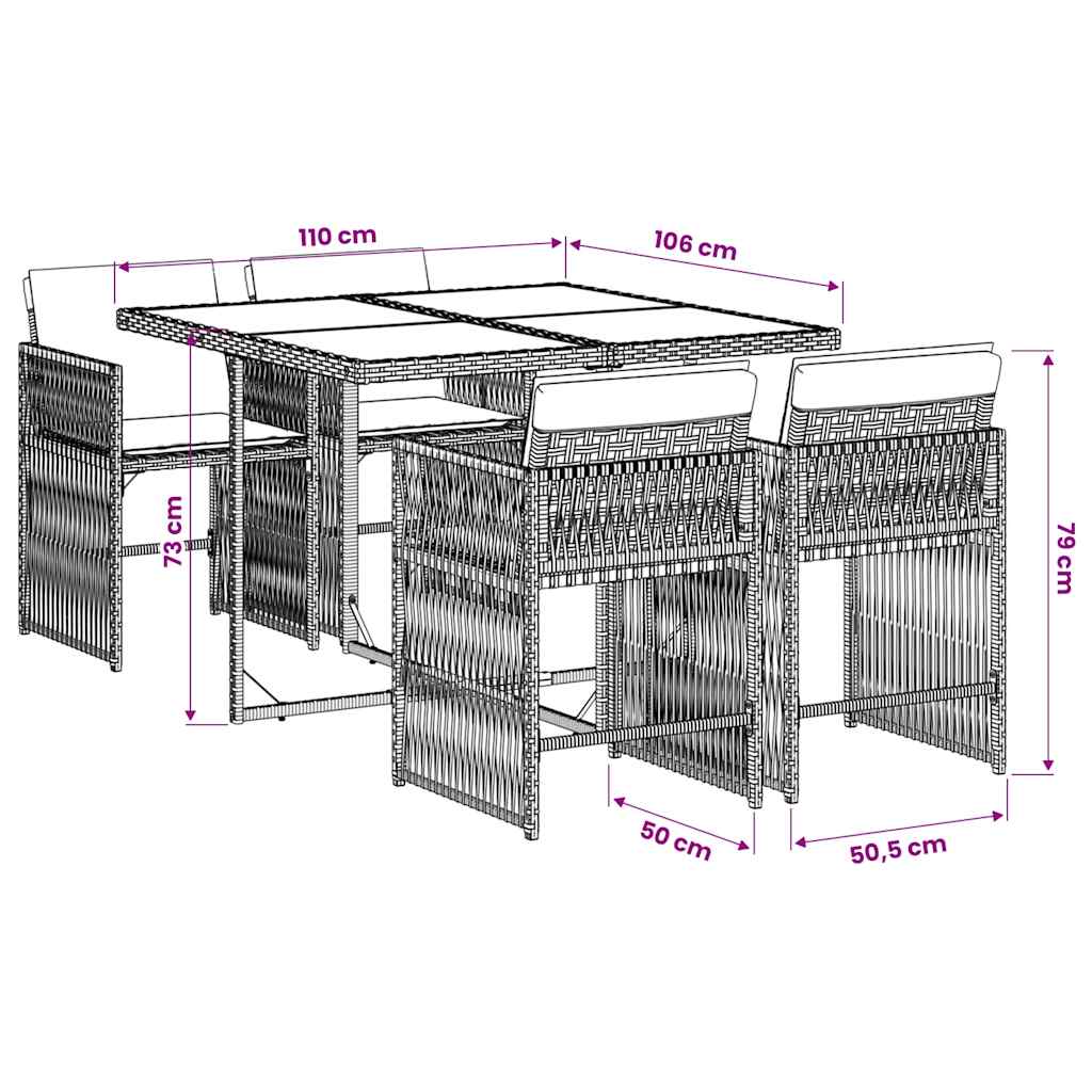 vidaXL 5-tlg. Garten-Essgruppe mit Kissen Schwarz Poly Rattan