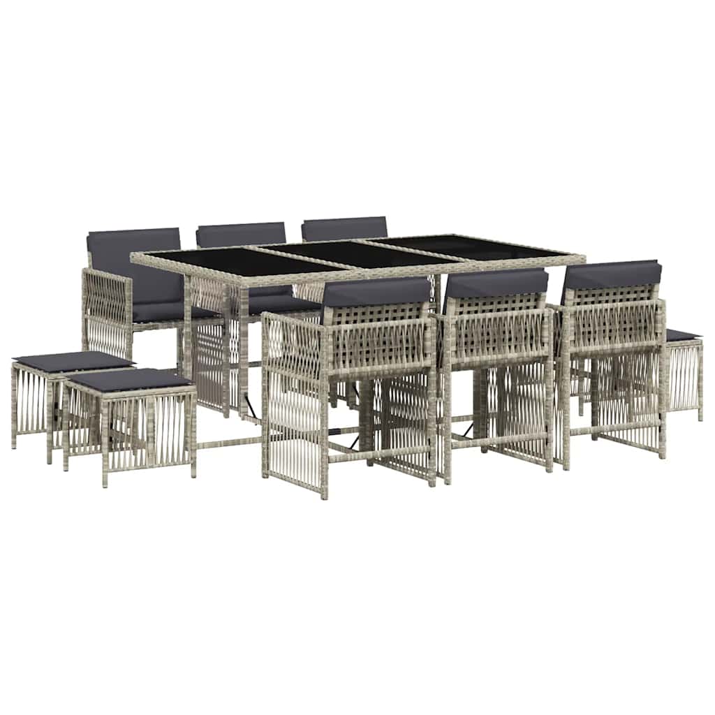 vidaXL 11-tlg. Garten-Essgruppe mit Kissen Hellgrau Poly Rattan