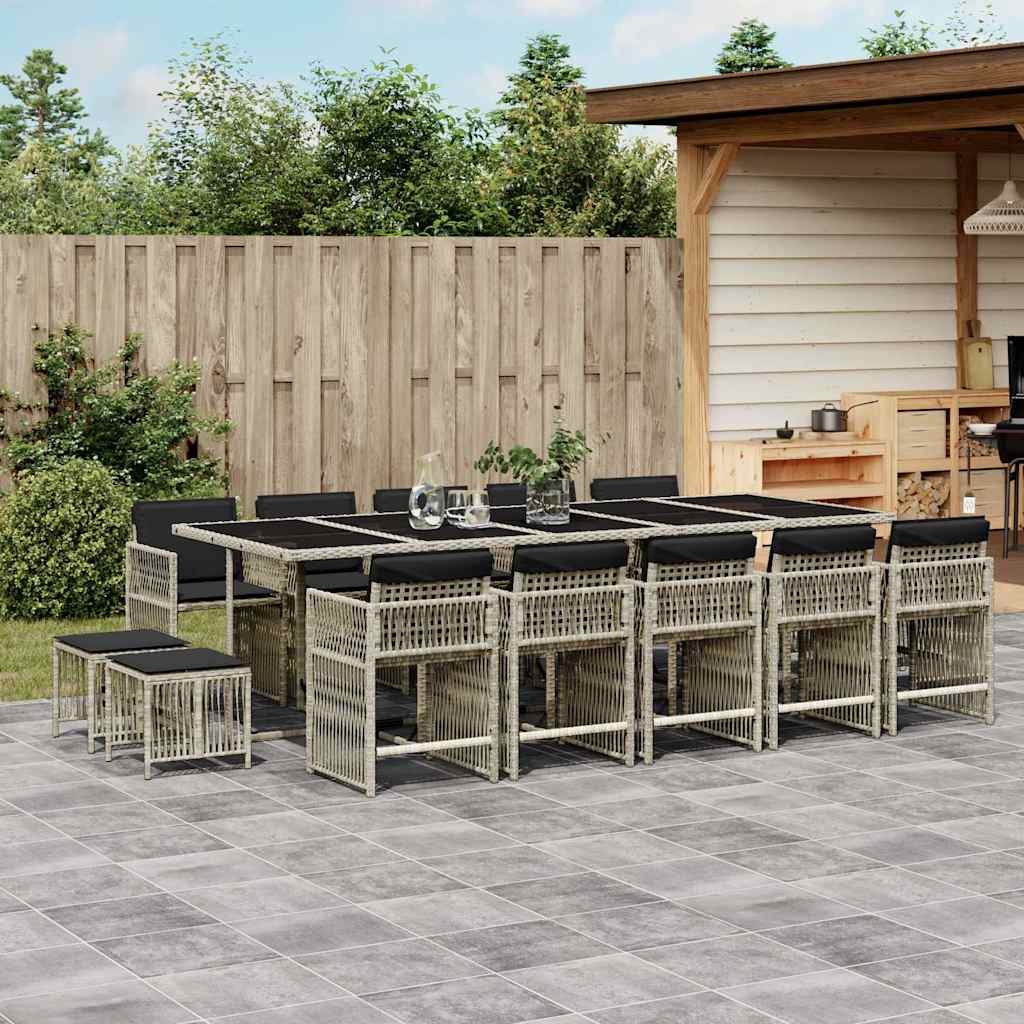 vidaXL 15-tlg. Garten-Essgruppe mit Kissen Hellgrau Poly Rattan
