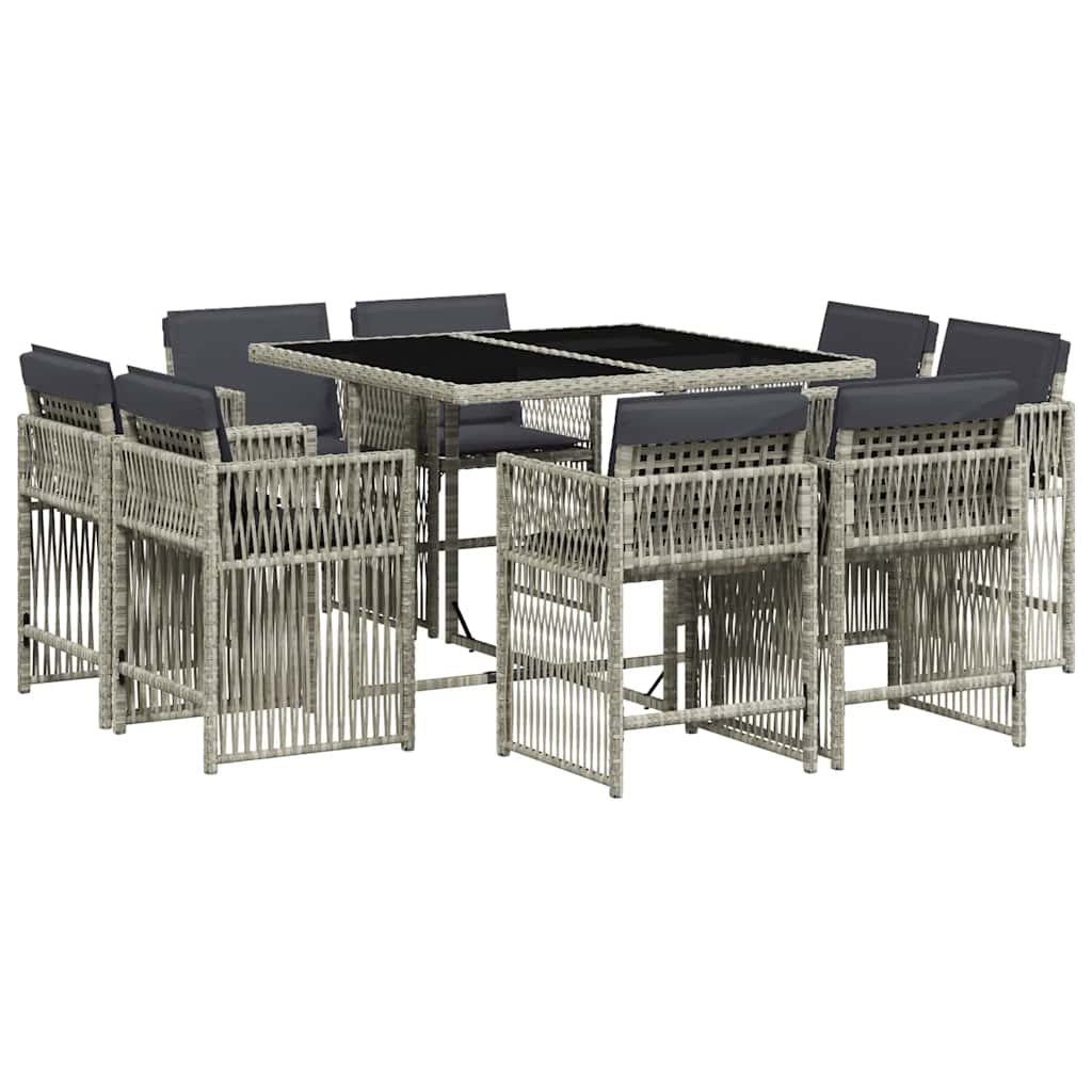 vidaXL 9-tlg. Garten-Essgruppe mit Kissen Hellgrau Poly Rattan