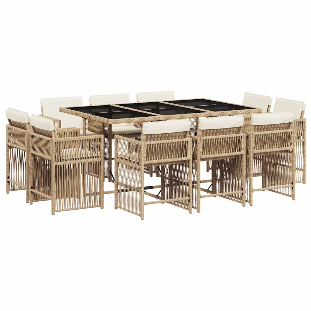 vidaXL 11-tlg. Garten-Essgruppe mit Kissen Beige Poly Rattan