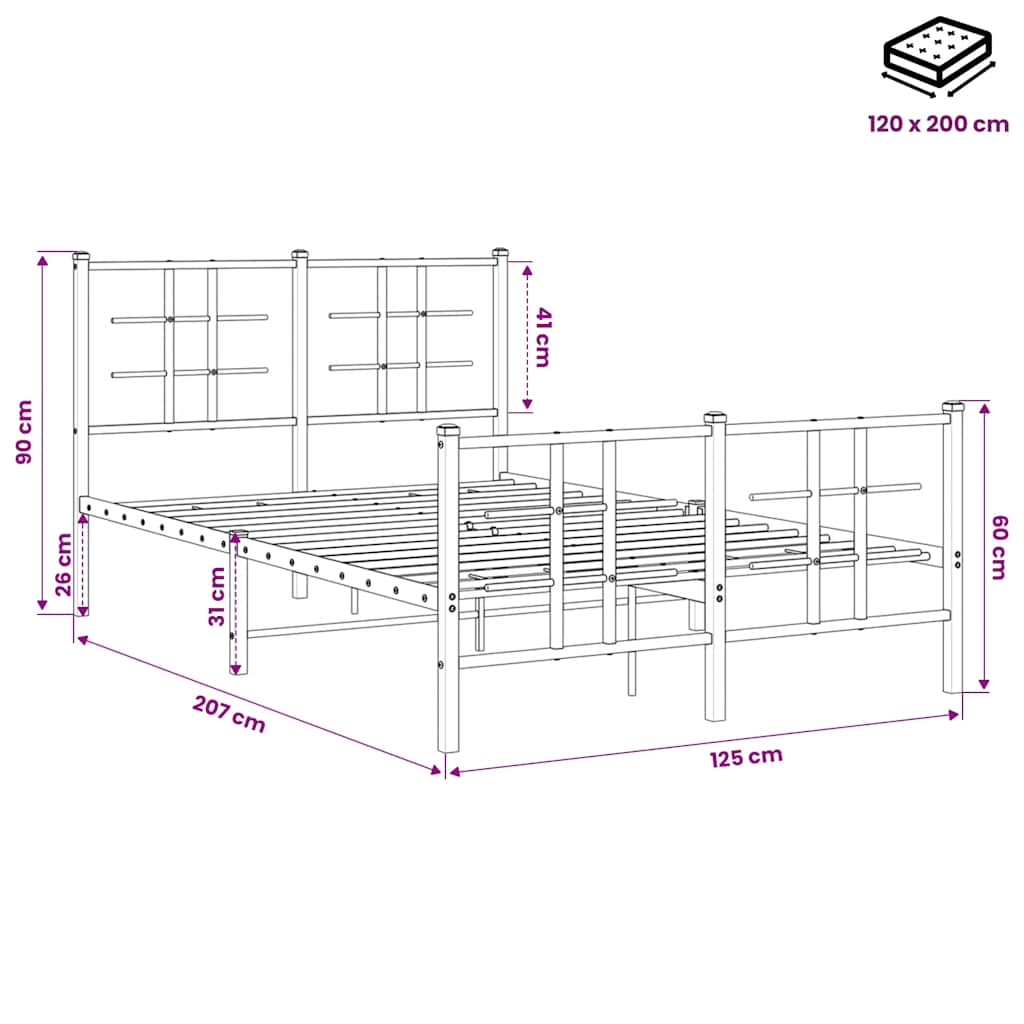 vidaXL Bettgestell mit Kopf- und Fußteil Metall Schwarz 120x200 cm