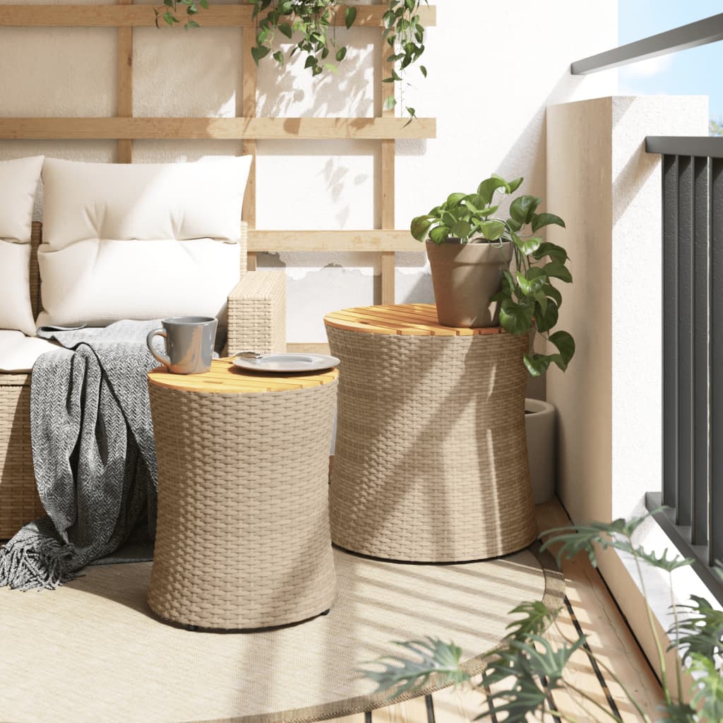 vidaXL Garten-Beistelltische 2 Stk. mit Holzplatte Beige Poly Rattan