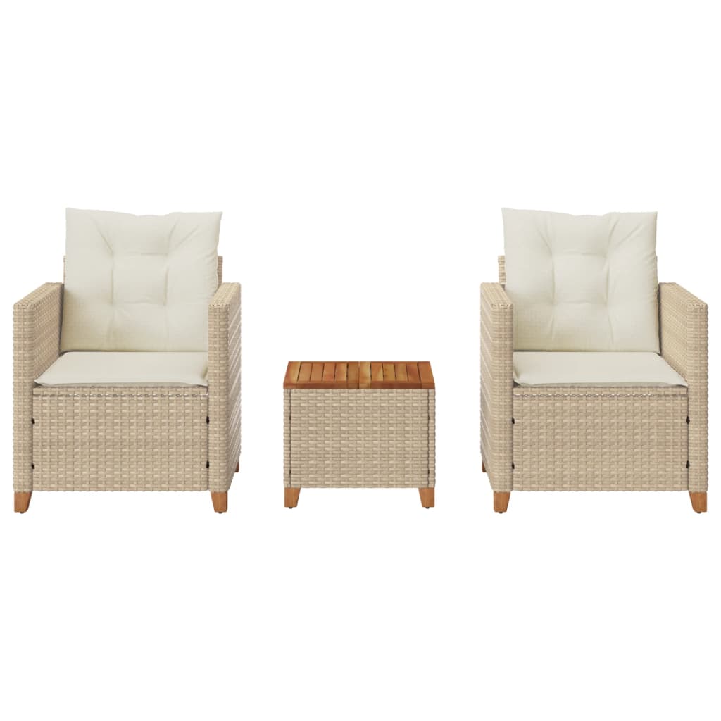 vidaXL Ensemble de bistrot 3 pièces avec coussins beige en rotin synthétique et bois d'acacia
