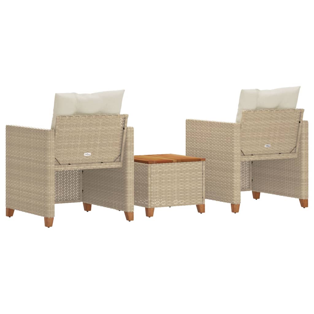 vidaXL Ensemble de bistrot 3 pièces avec coussins beige en rotin synthétique et bois d'acacia