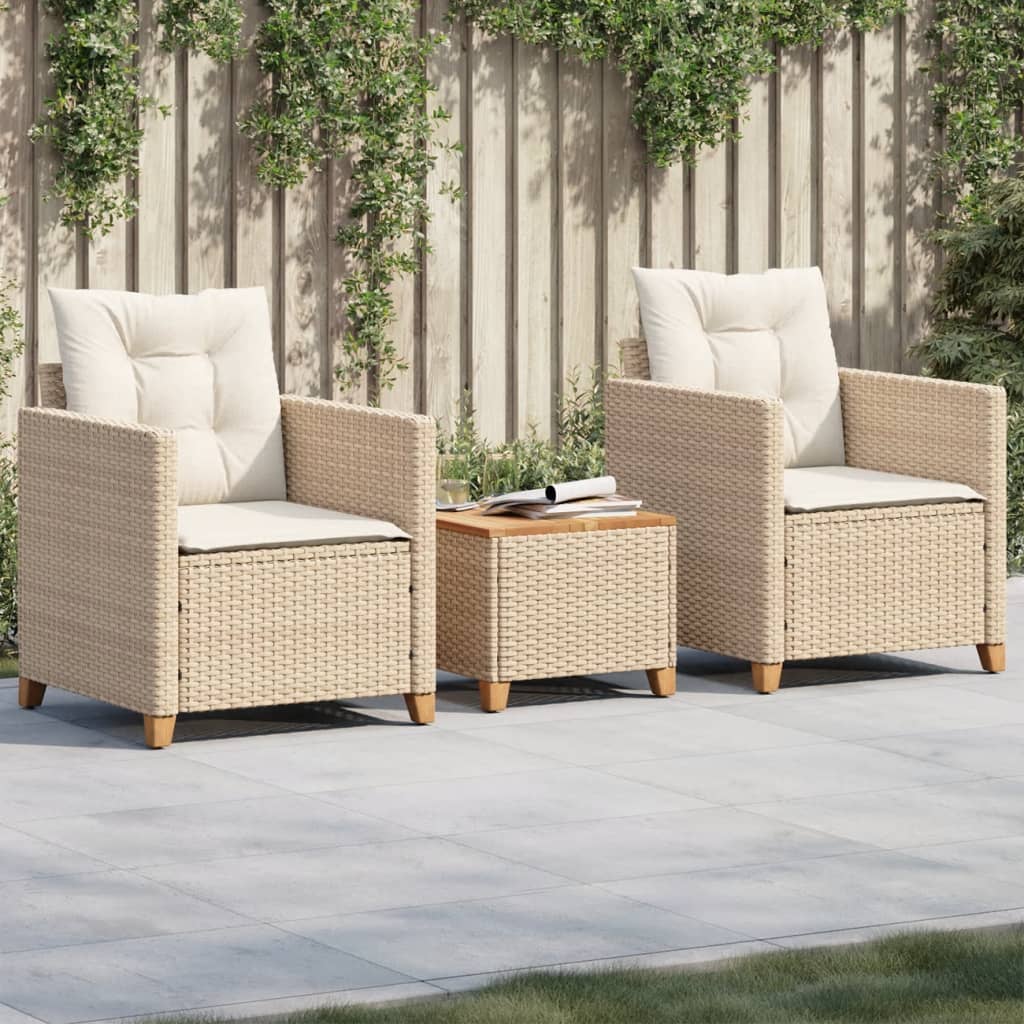 vidaXL Ensemble de bistrot 3 pièces avec coussins beige en rotin synthétique et bois d'acacia
