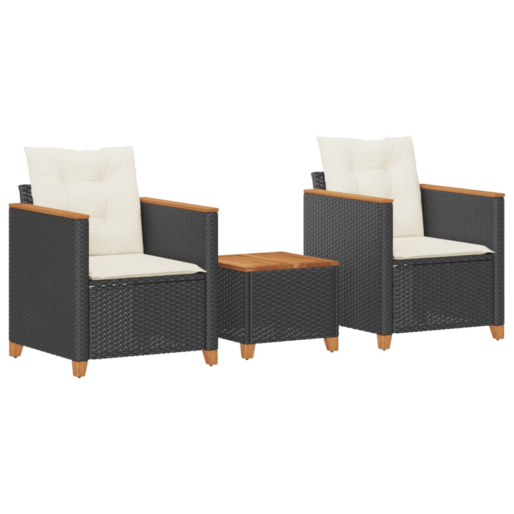 vidaXL Ensemble de bistrot 3 pcs avec coussins Noir Résine tressée Bois d'acacia