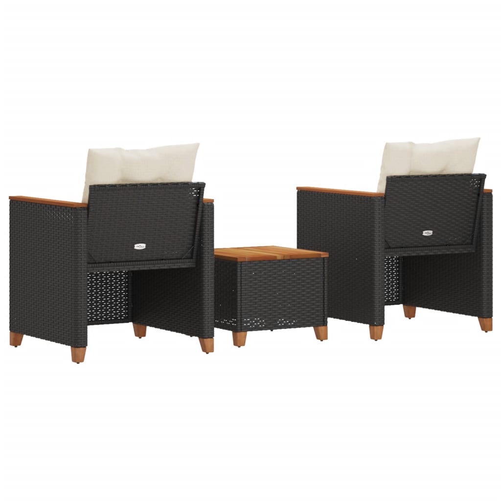 vidaXL Ensemble de bistrot 3 pcs avec coussins Noir Résine tressée Bois d'acacia