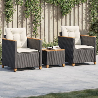 vidaXL Ensemble de bistrot 3 pcs avec coussins Noir Résine tressée Bois d'acacia