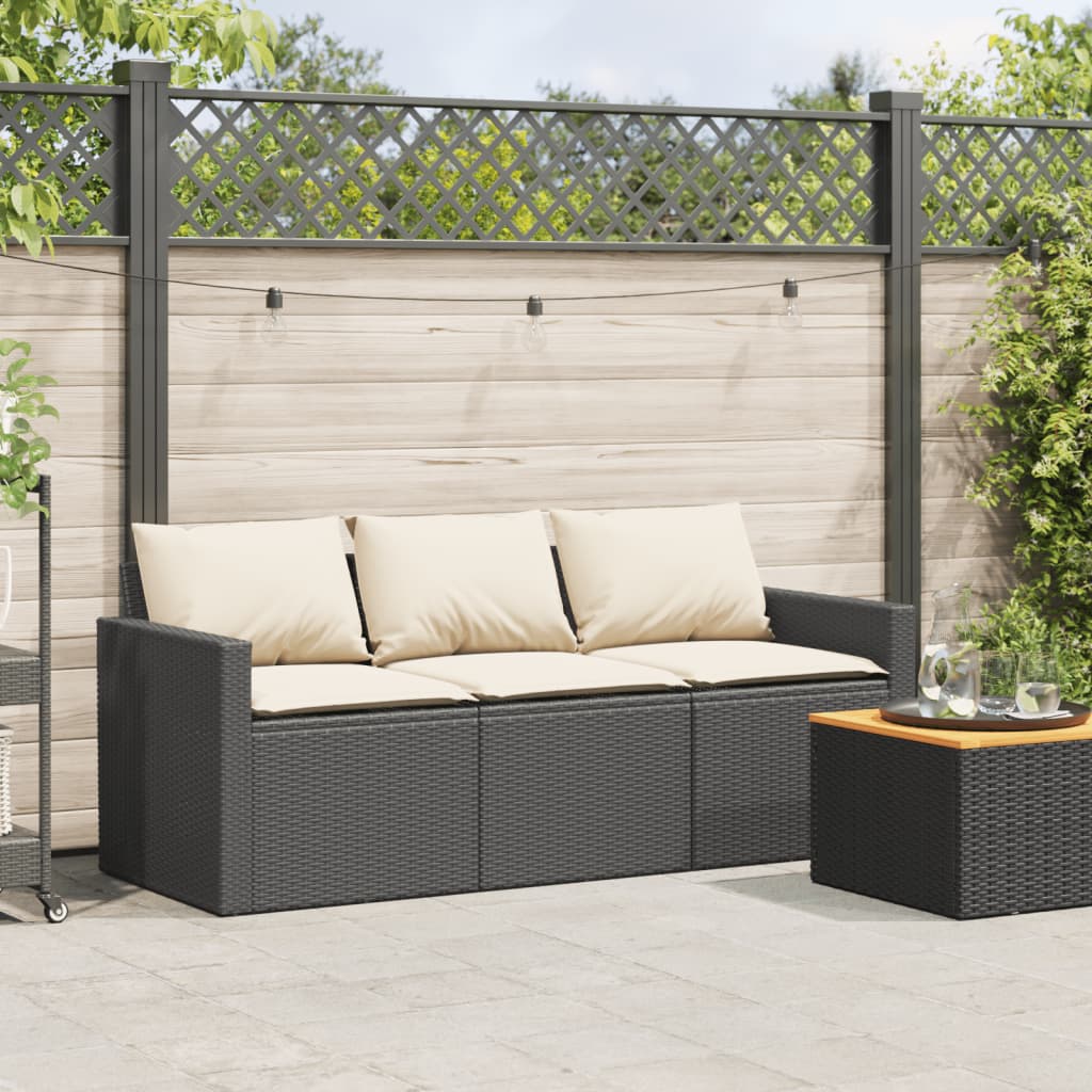 vidaXL Canapé de jardin 3 places avec coussins Noir Résine tressée