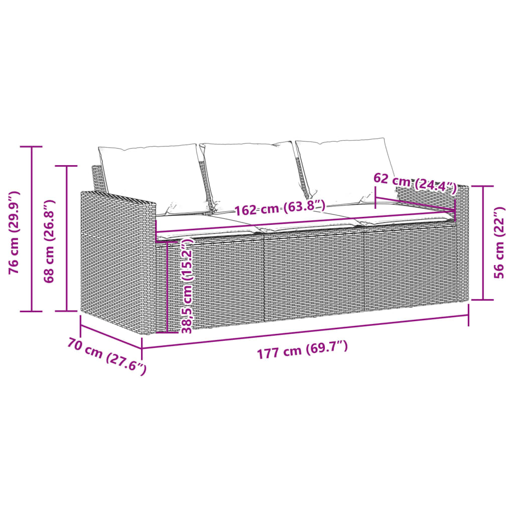 vidaXL Canapé de jardin 3 places avec coussins Noir Résine tressée