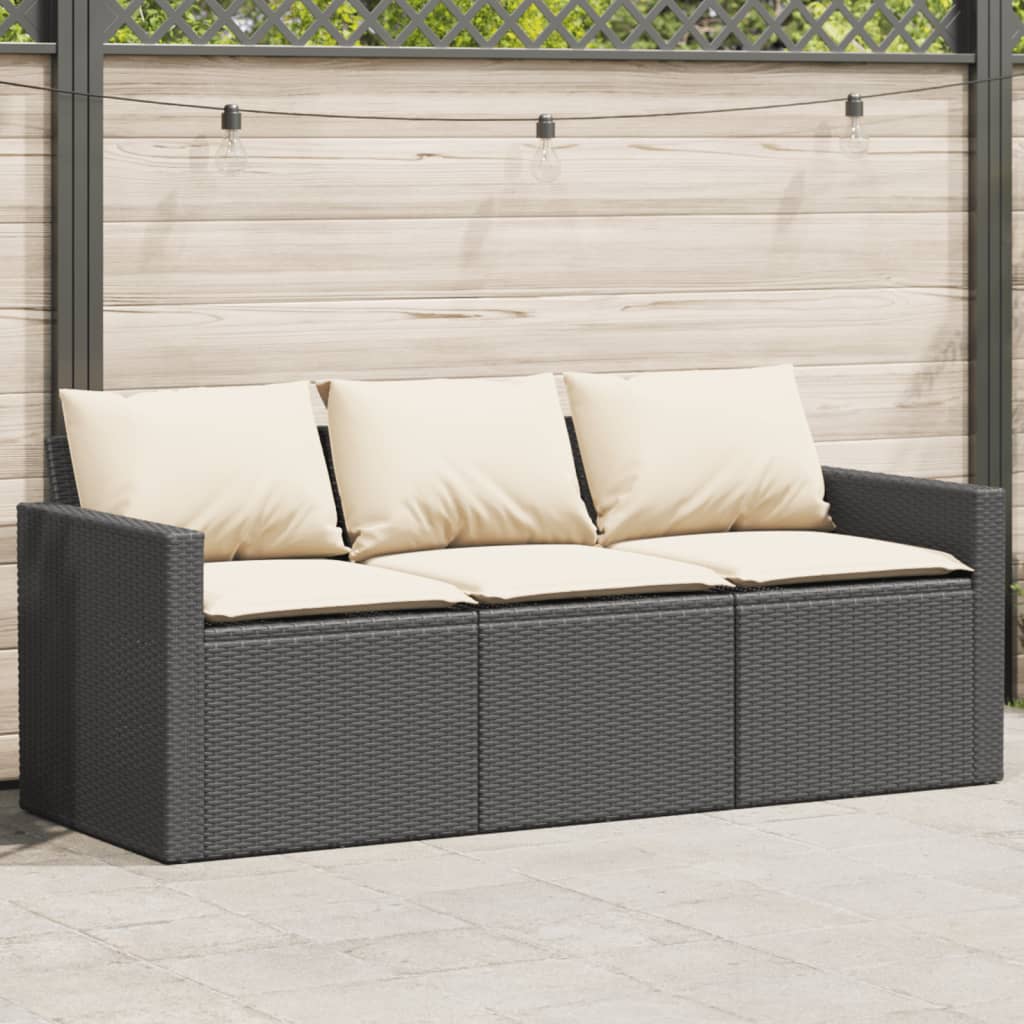 vidaXL Canapé de jardin 3 places avec coussins Noir Résine tressée