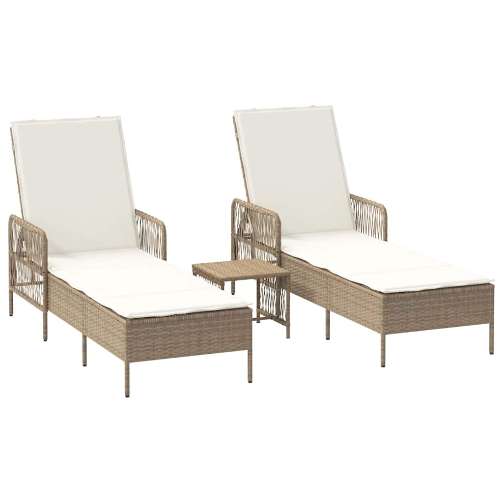 Sonnenliege mit Kissen 3 pcs Beige und Cremeweiß Poly-Rattan