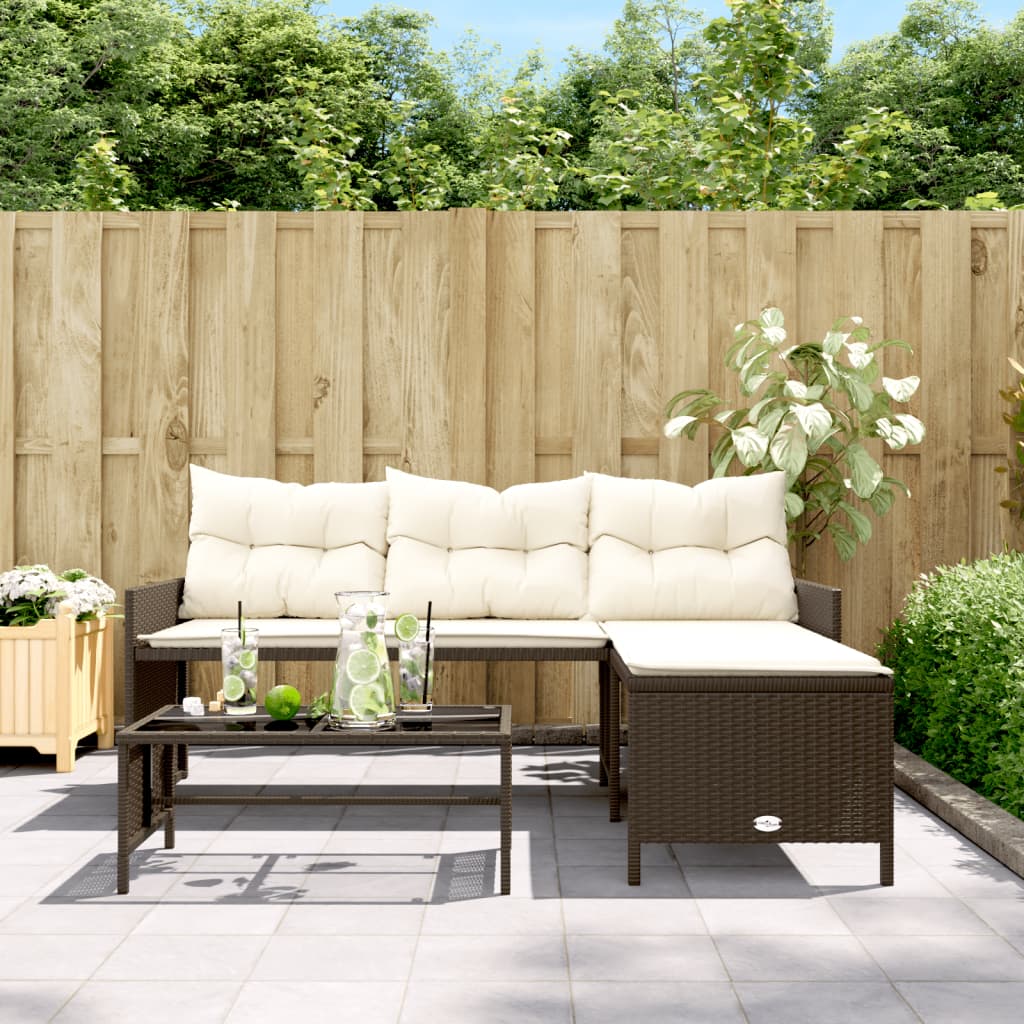 vidaXL Canapé de jardin d'angle avec table et coussins en polyrotin marron