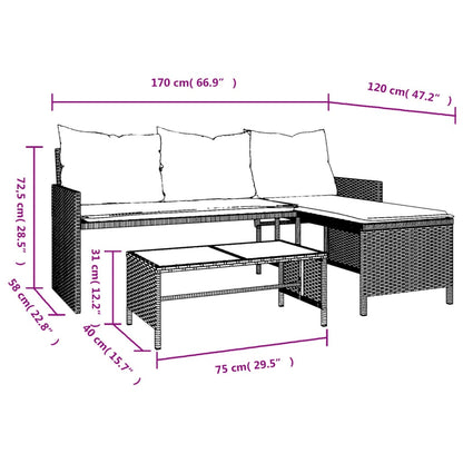vidaXL Canapé de jardin d'angle avec table et coussins en polyrotin marron
